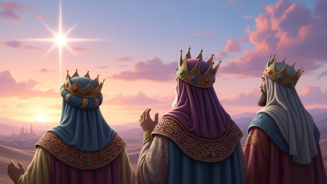 Three men, wise men or kings, gaze at the bright star of Bethlehem in a desert landscape at sunrise, a religious Epiphany journey concept for Christmas holiday.