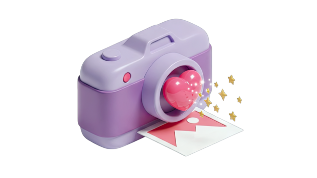 A whimsical 3d rendered lavender camera captures a pink heart and a photo emerging from a transparent white background with small golden starbursts symbolizing love and memories