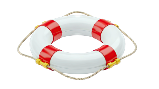 A White and Red Lifeguard Ring With Attached Rope And Yellow Clips Isolated On A Transparent Background Studio Shot