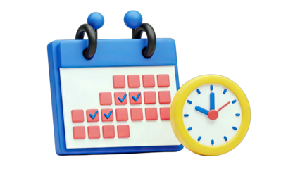 Blue And Red 3D Calendar With Yellow Clock Showing Time And Schedule Concept With Transparent Background