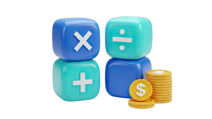 Blue and Teal Cubes with Mathematical Symbols Plus Multiplication Division Minus and Stack of Gold Coins with Dollar Sign on White Background
