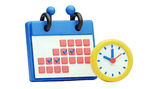 Blue And Red 3D Calendar With Yellow Clock Showing Time And Schedule Concept With Transparent Background