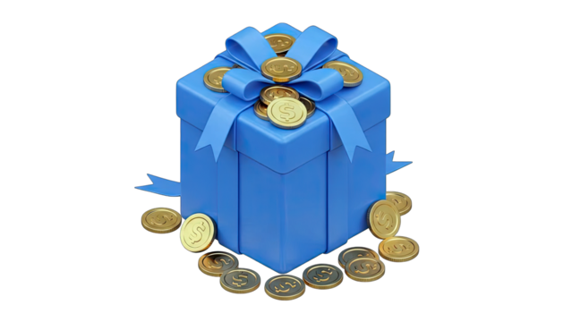 Blue Gift Box Tied With A Ribbon Surrounded By Golden Coins On A Black Background With Transparent Background - Powered by Adobe