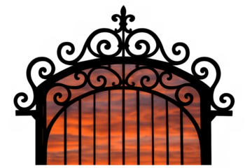 Wrought iron gate silhouette against a sunset sky with a transparent background representing hope and entrance