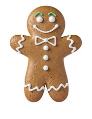 Obraz premium Decoratively Iced Gingerbread Cookie in the Shape of a Cheerful Gingerbread Man on a Transparent Background