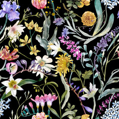 A floral seamless pattern with watercolor garden flowers. Seamless wallpaper with daffodils, hyacinths, freesia, and tulips.
