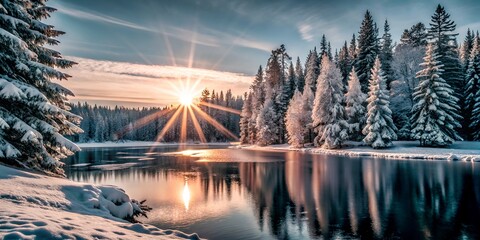 Winter wonderland landscape with snow covered trees reflecting in the lake at sunset creating a serene scene