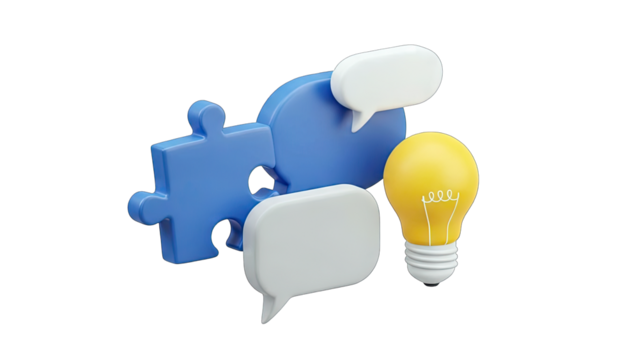 Blue Puzzle Pieces And White Speech Bubbles With Yellow Light Bulb Representing Collaboration And Ideas On A Clean Isolated Background