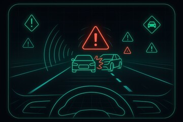 Dynamic digital display highlighting vehicular collision alert system showcasing caution signals and safety measures underrepresented in modern automotive technology