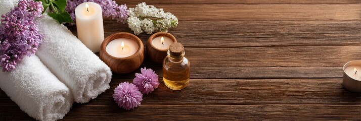Relax and rejuvenate with this serene spa setup featuring aromatic candles, essential oils, and soothing towels, creating the perfect ambiance for self-care and relaxation.