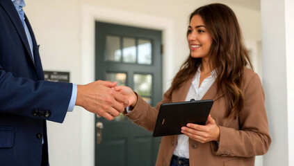 Bank officer and real estate agents handing over house key
