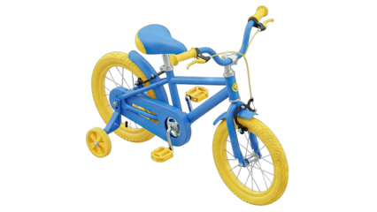 Bright Blue And Yellow Children's Bicycle With Training Wheels On A Transparent Background Studio Shot