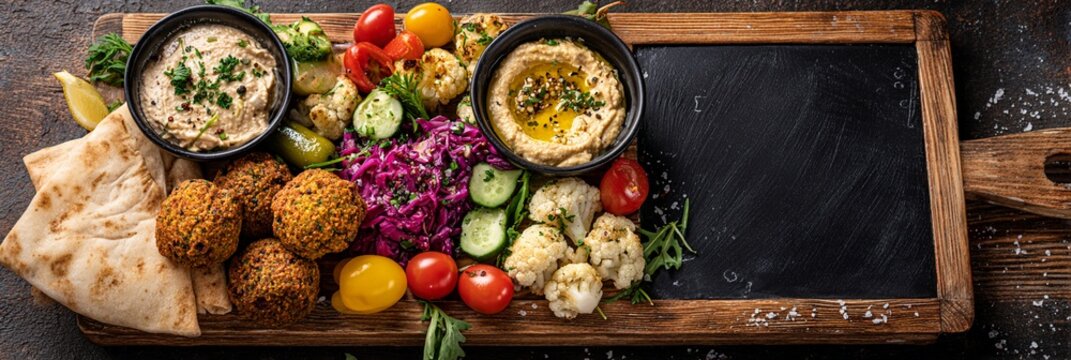 A vibrant platter showcasing a variety of Middle Eastern dishes including hummus, falafel, fresh vegetables, and flatbread, perfect for food lovers and culinary enthusiasts alike.