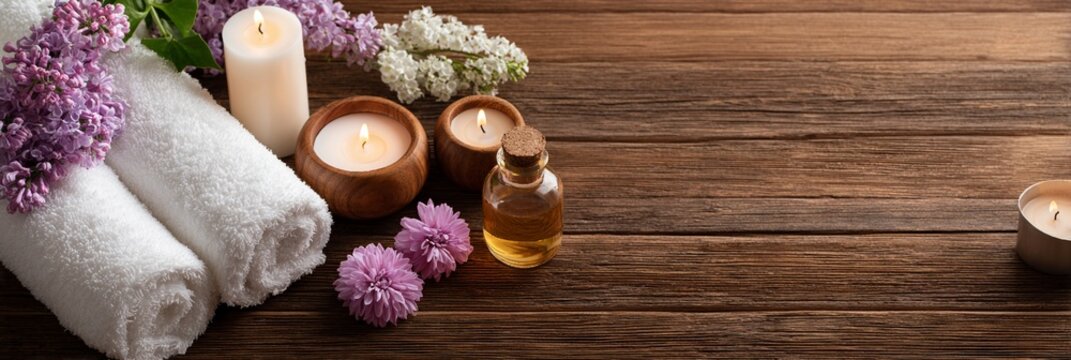 Relax and rejuvenate with this serene spa setup featuring aromatic candles, essential oils, and soothing towels, creating the perfect ambiance for self-care and relaxation. - Powered by Adobe