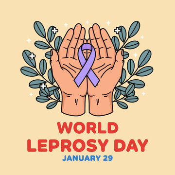 Illustration of hands holding a purple ribbon for World Leprosy Day on January 29, symbolizing awareness, compassion, and global support for leprosy patients.