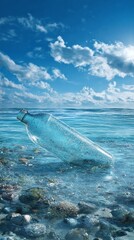 Fototapeta premium A glass bottle rests on colorful pebbles in crystalline waters, reflecting the serene sky and capturing the beauty of nature's elements and environmental concern.