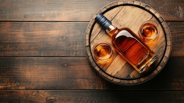 Aged whiskey bottle and two glasses resting on an oak barrel, capturing the rich amber spirit's warmth against rustic wooden background with vintage charm