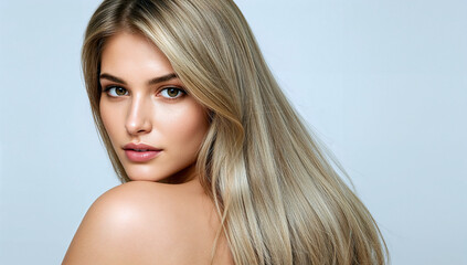Fototapeta premium Beautiful blonde model with long hair showcasing sleek shine