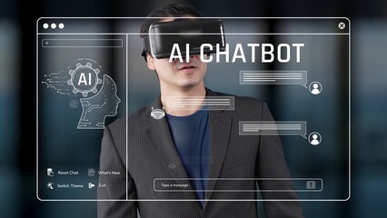 A businessman wearing virtual reality goggles interacts with an AI chatbot interface, depicting the intersection of technology and communication in a modern workspace. Raster