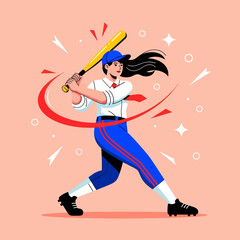 Dynamic illustration of a female baseball player swinging a bat with power, showing athletic action, strength, and sports energy in a modern cartoon style.