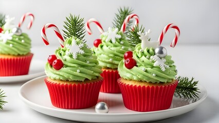 Festive Christmas cupcakes with green frosting, holly berries, candy canes, and winter decorations in bright red wrappers, arranged beautifully on a white plate.