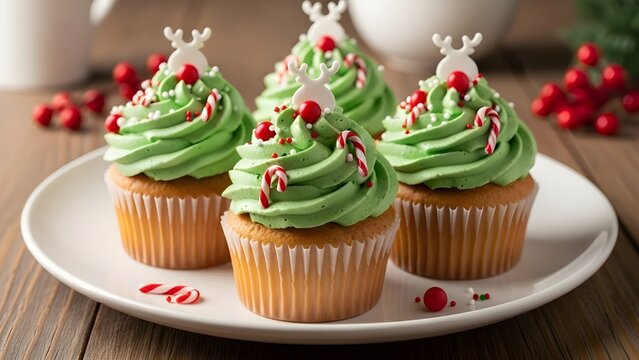 Warm holiday cupcakes decorated with green buttercream, candy canes, red sprinkles, and reindeer toppers, displayed on a wooden table. - Powered by Adobe