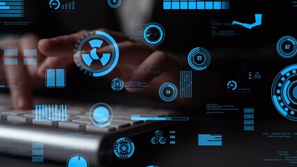 This image captures a futuristic digital interface with various graphs and charts, showcasing data interaction on a touchscreen in a dark setting, emphasizing technology and innovation. Xenic