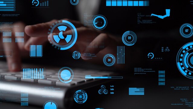 This image captures a futuristic digital interface with various graphs and charts, showcasing data interaction on a touchscreen in a dark setting, emphasizing technology and innovation. Xenic