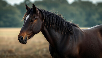 Majestic black horse roaming across the meadow