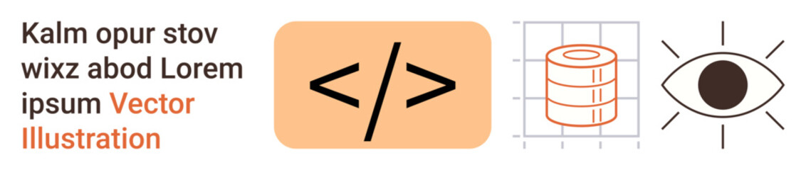 Web development, data analytics, programming, database management, coding education, visualization tools. Code tag, database stack and eye symbol icons. Web development and data analytics concept