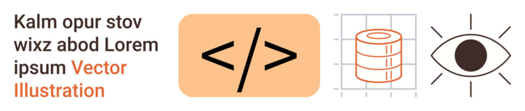Web development, data analytics, programming, database management, coding education, visualization tools. Code tag, database stack and eye symbol icons. Web development and data analytics concept