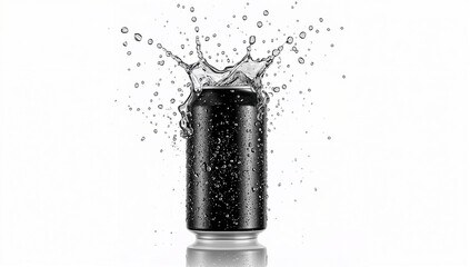 Black soda can splashing with water droplets on white background