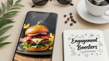 Delicious burger on phone screen with coffee and social media marketing notes for food bloggers and restaurant promotions, boosting engagement online