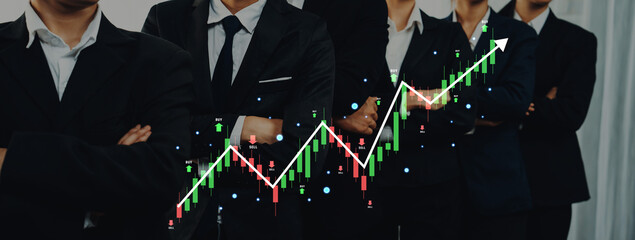 A professional business team stands confidently, representing financial growth and success, with investment trends graphically depicted to inspire corporate achievement. Trope