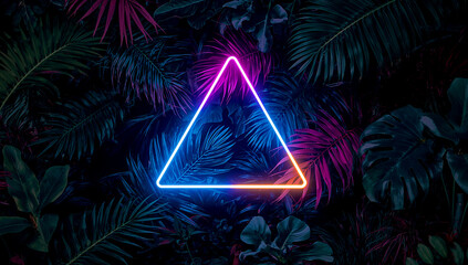 Blue pink yellow neon light triangle in colorful jungle