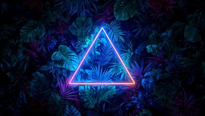 Blue pink and yellow neon triangle in jungle