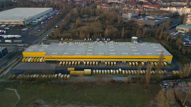 DHL Deutsche Post logistics center berlin city. Great aerial view drone