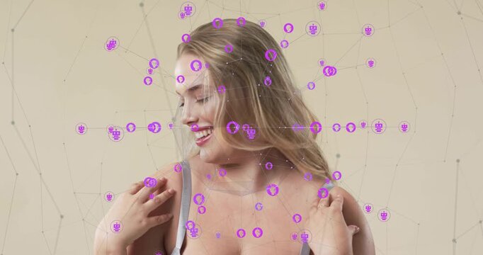 Woman hand reaching chest adjusting bra straps, purple nodes mapping tech data for ads around her