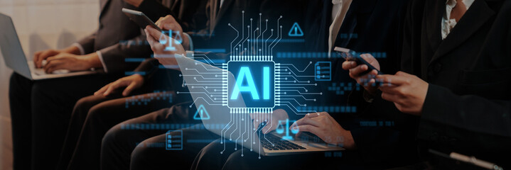 A dynamic depiction of hands using technology devices, highlighting an artificial intelligence...