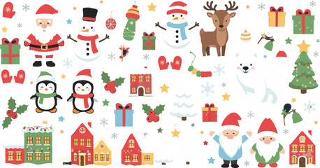 Obraz premium Festive Christmas illustration with Santa, snowmen, reindeer, penguins, gifts, trees, and houses.