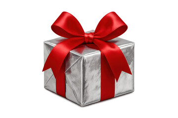 Obraz premium Silver gift box with red ribbon and bow celebrating holidays, surprise, presents, and giving, transparent background