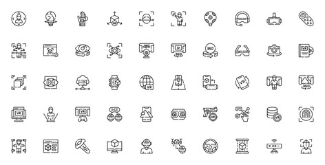Virtual Reality icon set. Vector illustration. Inclues symbols for VR glasses,augmented reality, motion ensor, 3D model, gamepad, ontroller, headset, and moe.