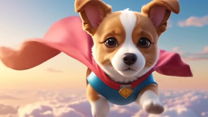 Animated dog superhero flying in the sky with red cape and logo