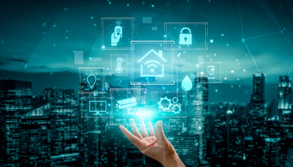 Concept of a smart home and the Internet of Things (IoT). A central system controls home automation features like security, lighting, and climate for modern, convenient living. Fermion