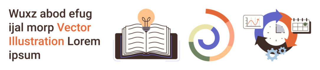 Education, productivity, workflow, planning, data analysis, creativity. Open book with lightbulb, circular chart and workflow diagram. Education and productivity concept