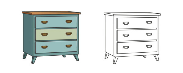 Digital illustration of a two-tone wooden dresser with three drawers and bronze handles, shown both in full color and as a line art outline