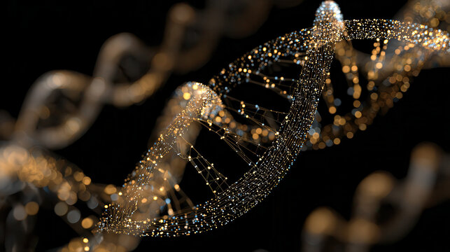 Abstract golden dna helix molecule with glittering particles