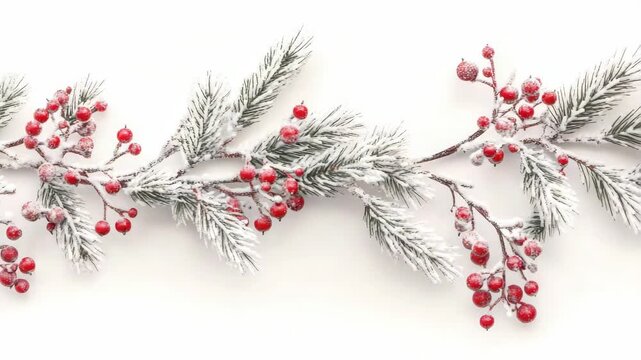 Christmas decoration with red berries and green pine branches on white background.