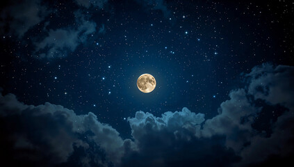 Obraz premium Bright full moon surrounded by twinkling stars and blue clouds