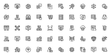Web Hosting icon set. Vector illustration. Includes ymbols for server, cloud, etwork, data, firewall, badwidth, backup, error 404 nd more. Editable stroke.